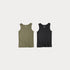 Two tank tops, one green and one black, on a white background
